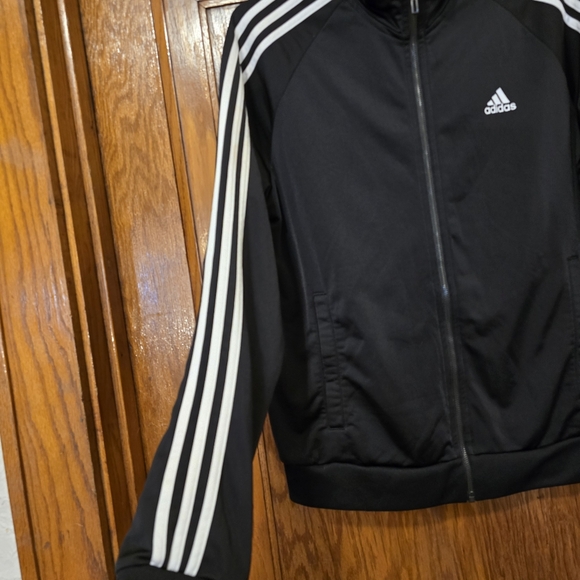 ADIDAS Black Tack Jacket Unisex Zipup White 3 Stripe Longsleeves Size Medium - Picture 6 of 16